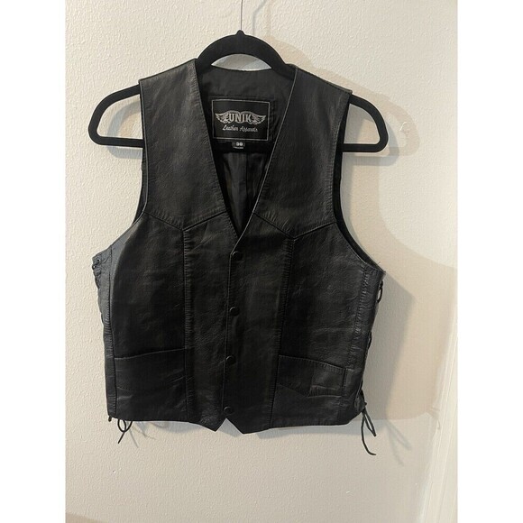 UNIK Leather Apparel Men’s Black Sleeveless Biker Motorcycle Vest Size 38 - Picture 1 of 9